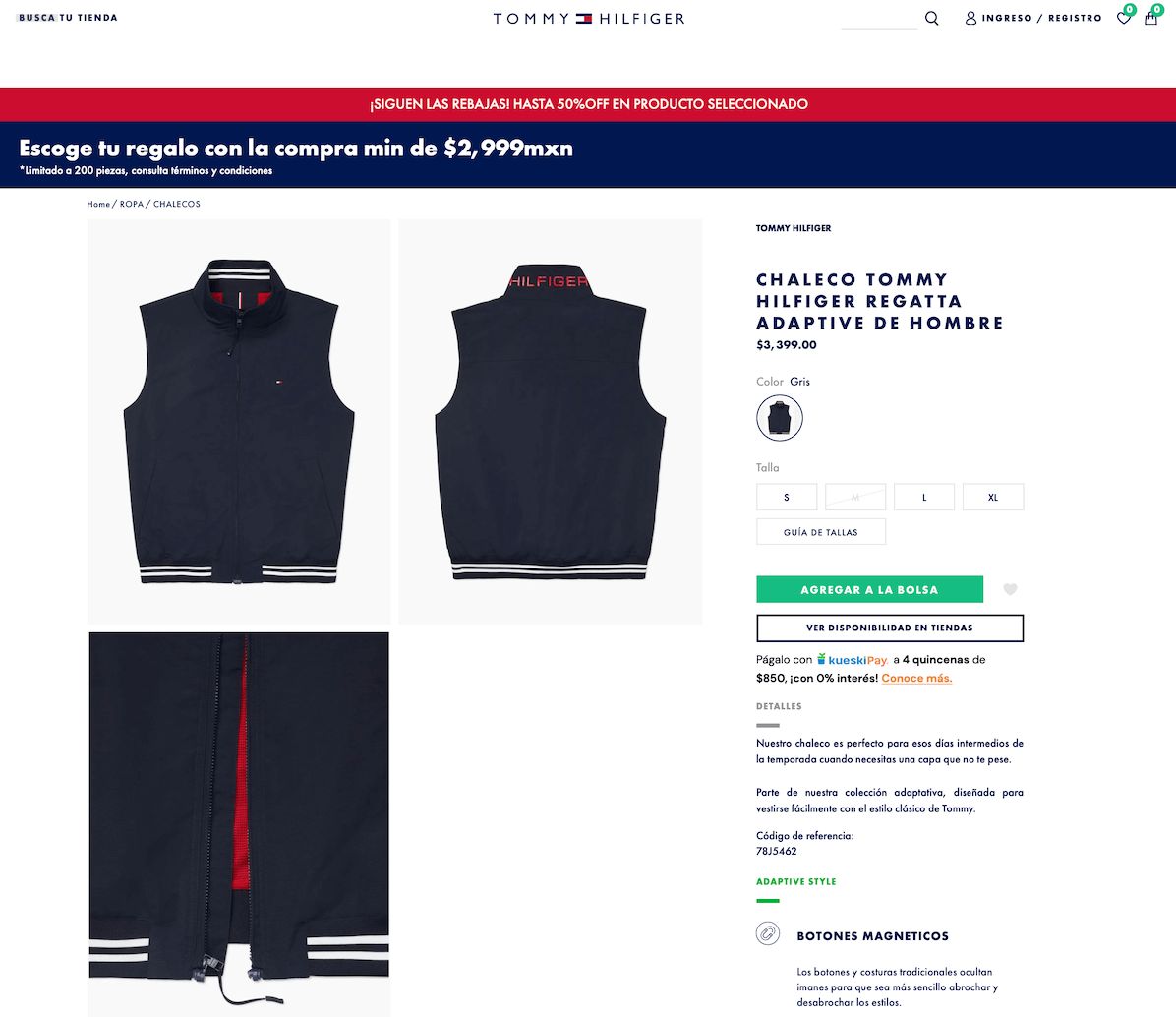 Ejemplo de características de producto de Tommy Hilfiger