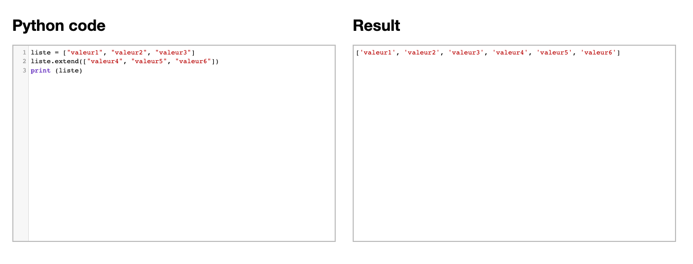 exemple d'utilisation de la méthode extend en python