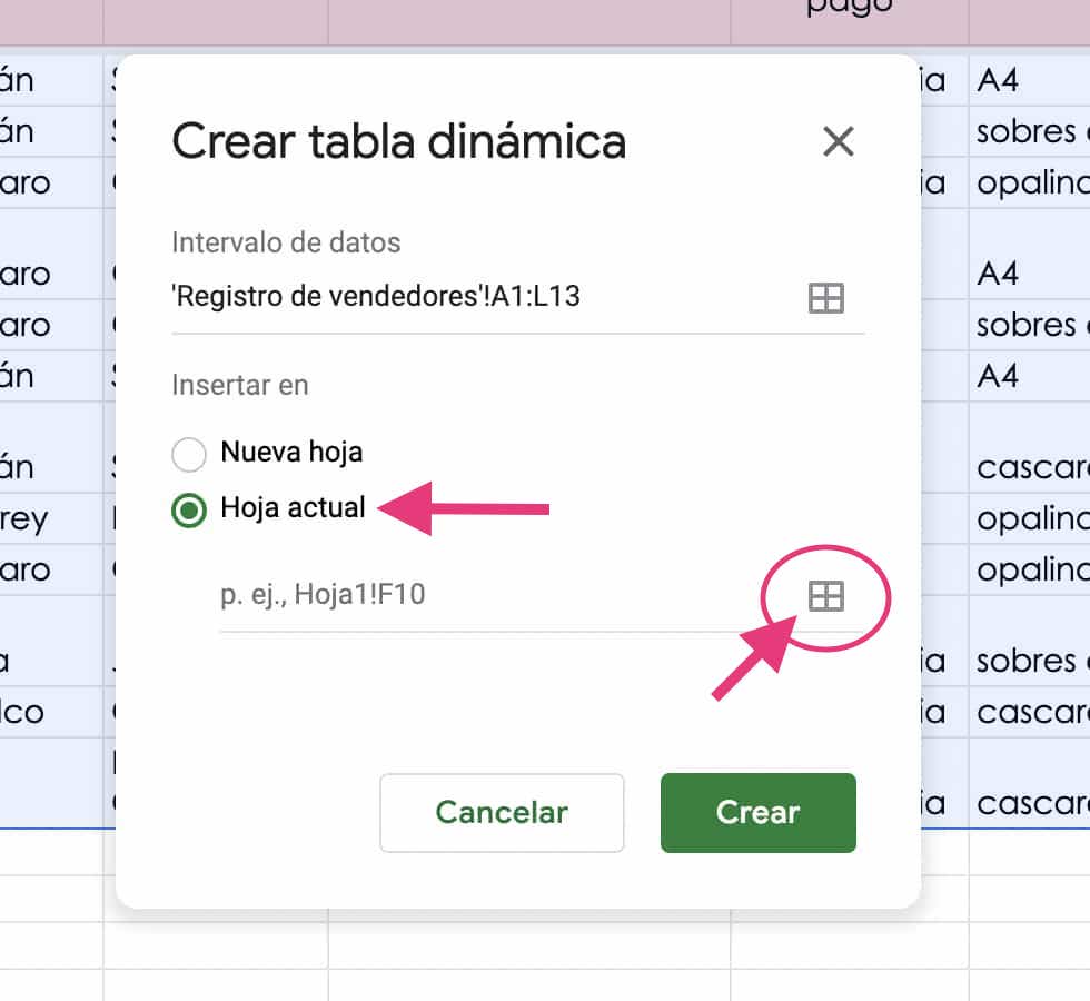 Seleccionar hoja actual para hacer otra tabla dinámica para crear un dashboard de ventas en Excel