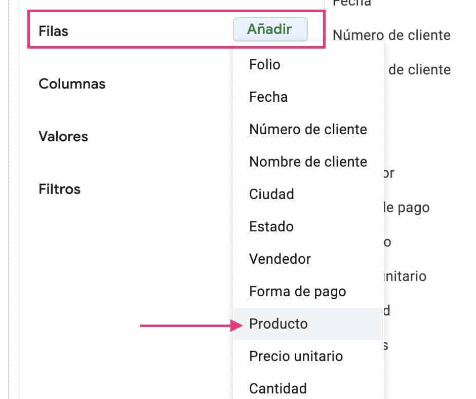 Ingresar datos de Producto en las Filas para hacer una tabla dinámica para crear un dashboard de ventas en Excel