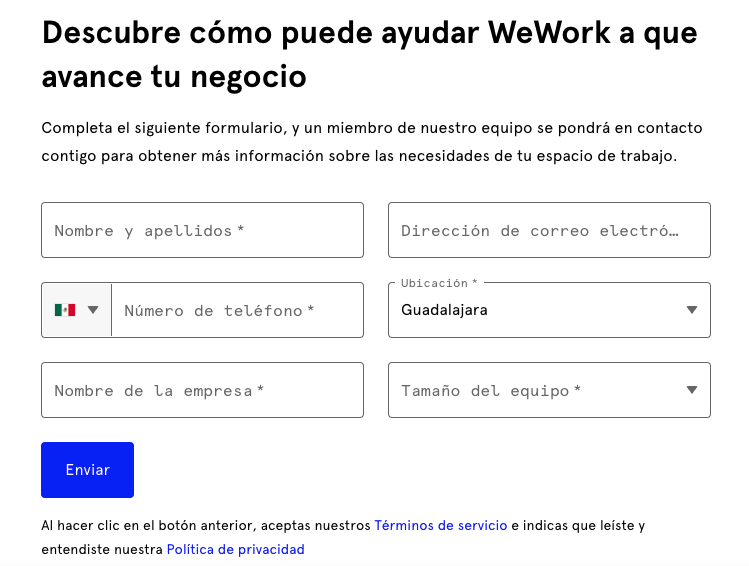 Ejemplos de formularios de contacto: WeWork