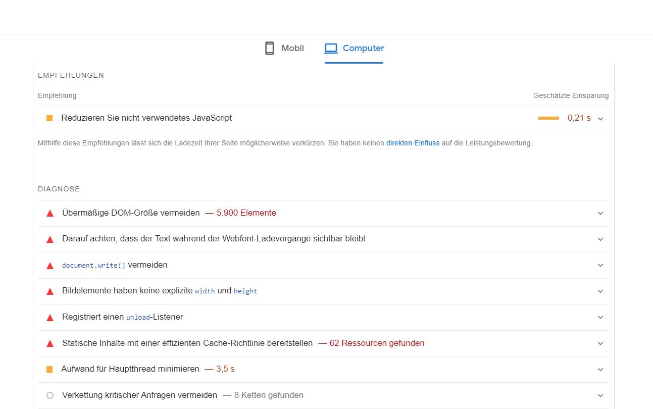 Ein Screenshot aus dem PageSpeed-Insights-Tool, der Optimierungsvorschläge zeigt.
