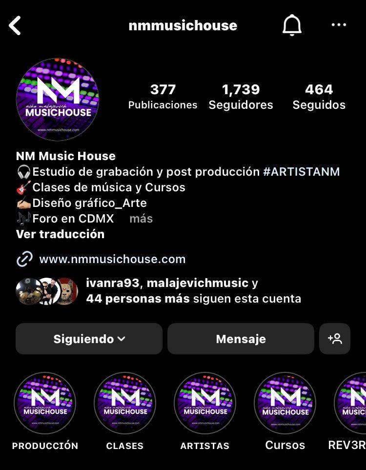 Ejemplos de highlights de Instagram: NM Music House