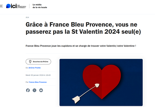 La page web du concours de la Saint-Valentin organisé par France Bleu Provence
