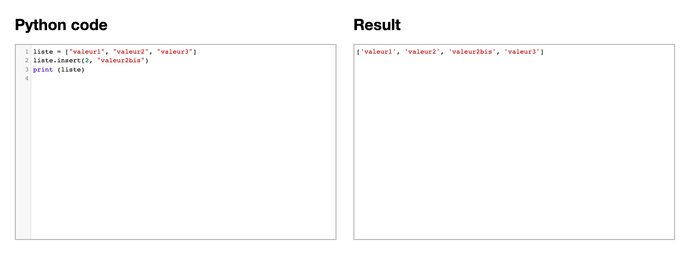 exemple d'utilisation de la méthode insert en python