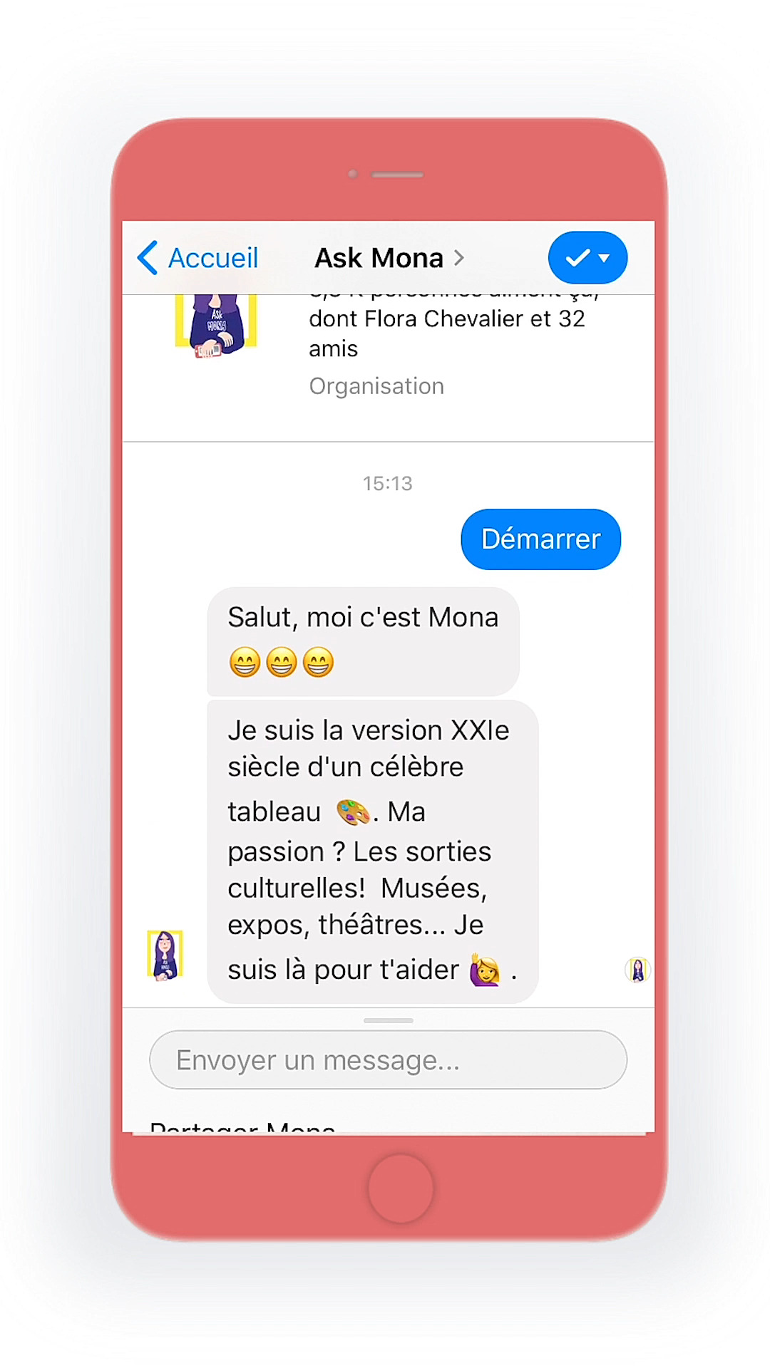 Image représentant le début d'une conversation, incluant des emojis,  avec un chatbot.