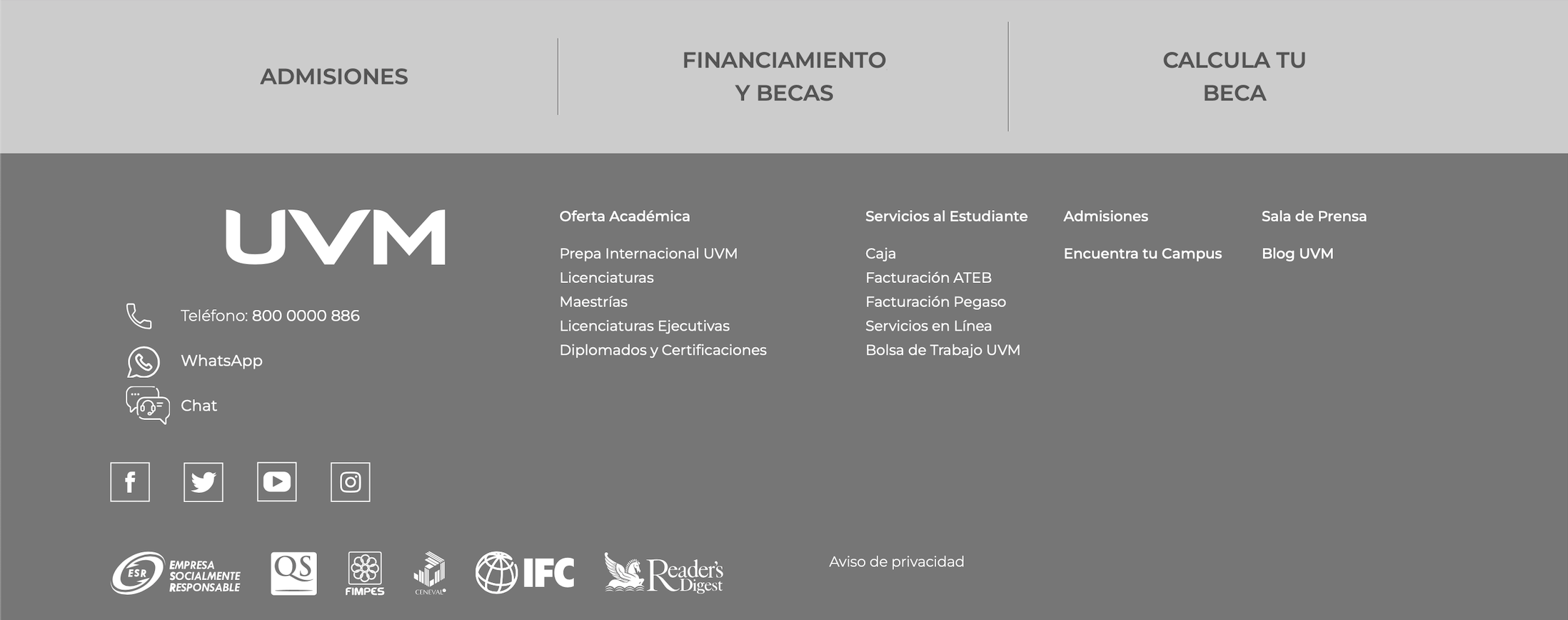 Ejemplo de pie de página de página web: UVM