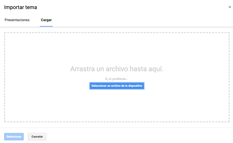 Cómo importar temas en Google Slides: seleccionar archivo