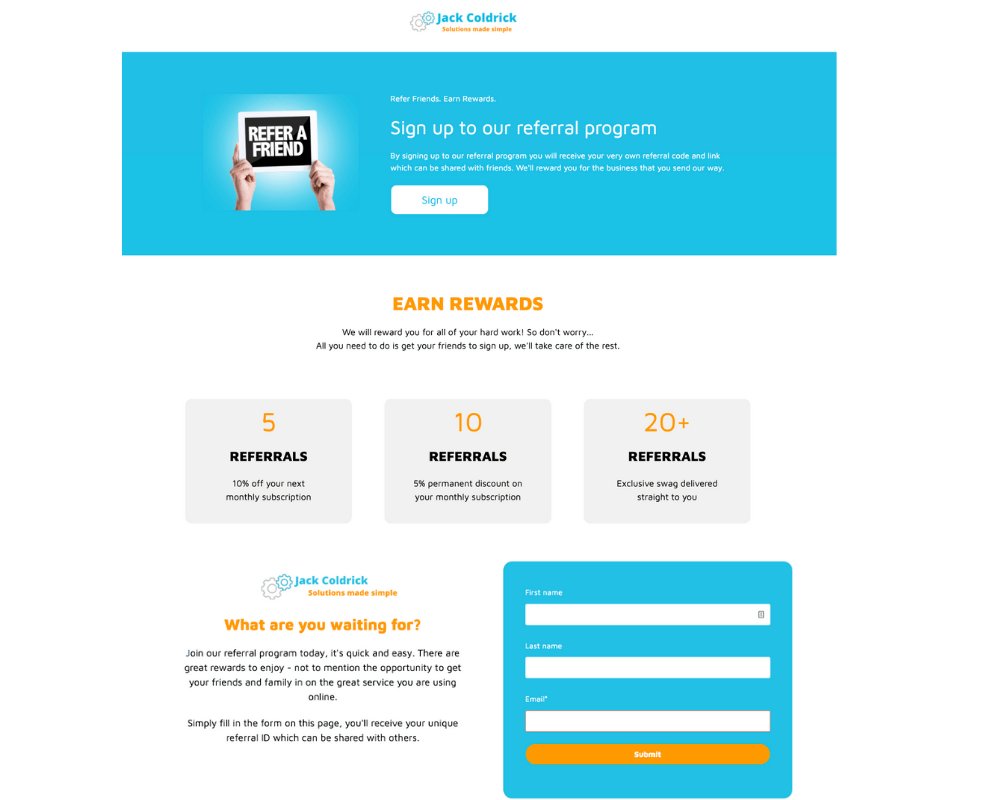 Ejemplo de landing page de programa de referidos con HubSpot