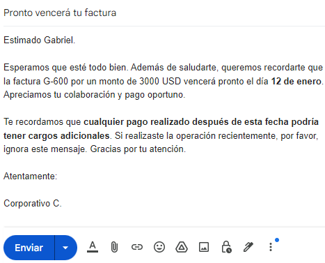 Ejemplo de correo de recordatorio de pago