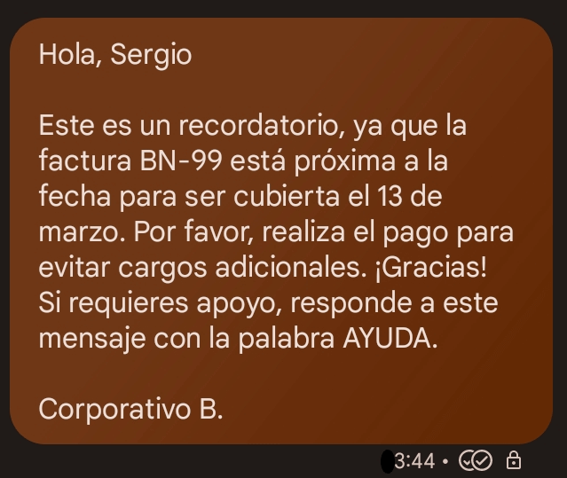 Ejemplo de recordatorio de pago por SMS