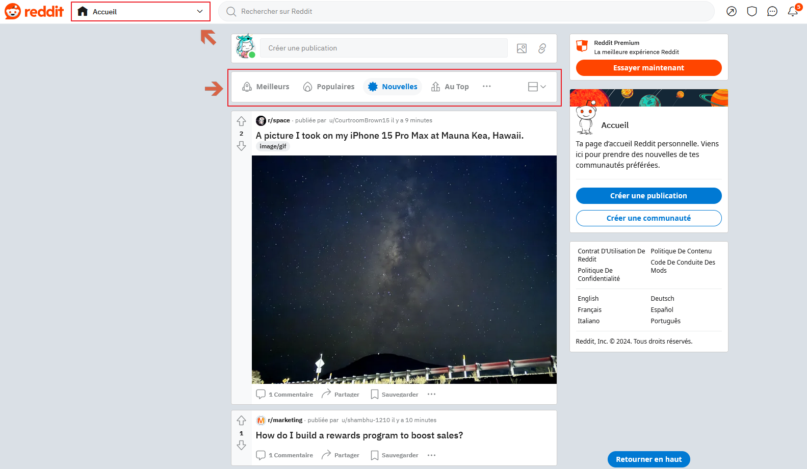 Les nouveaux subreddits affichés en page d'accueil de Reddit.