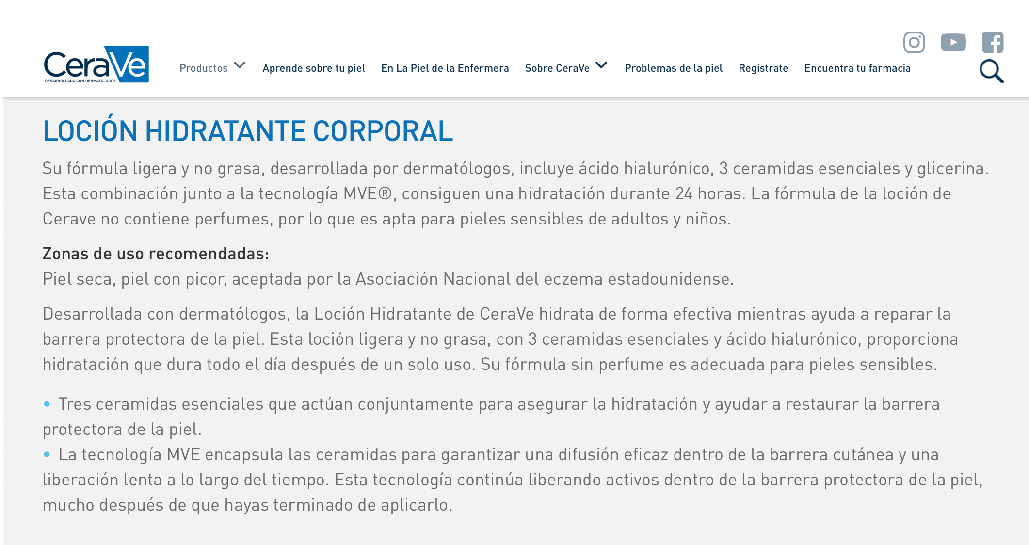 Ejemplo de texto persuasivo: detalle de producto de Cerave