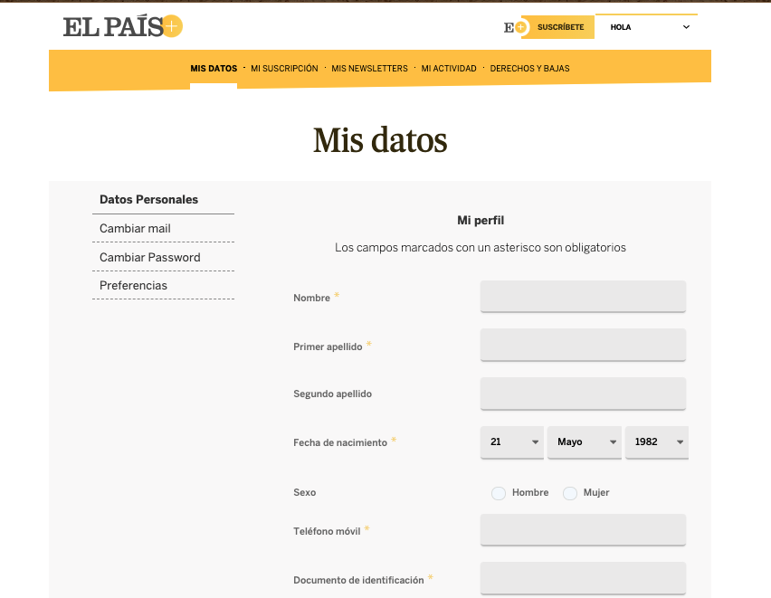 Tipos de formularios de contacto: formulario de registro de El País