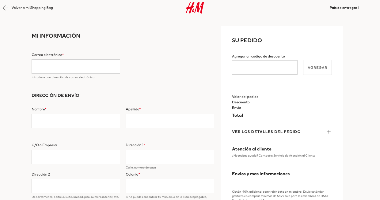 Tipos de formularios de contacto: pedidos de H&M