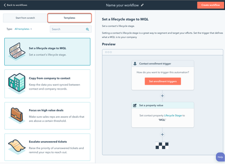 Ejemplo de workflow con HubSpot: vista preliminar