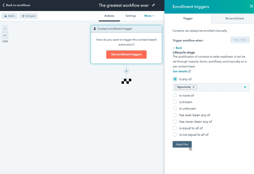 Filtros en workflow de HubSpot