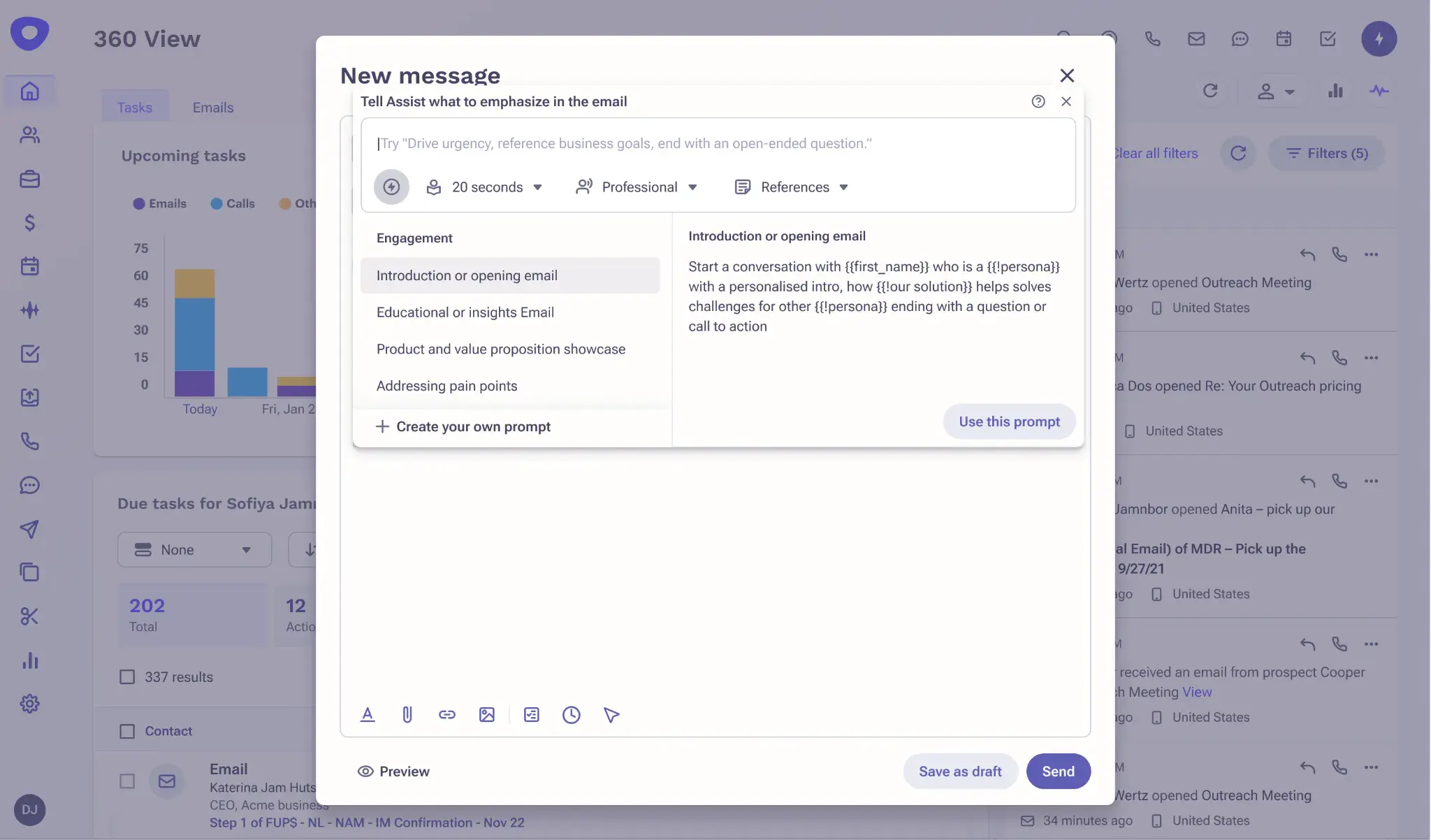 Outreach.io cold email tool interface showcasing new message window with AI assistant features.