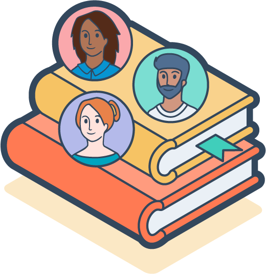 Digital icon of team members and books